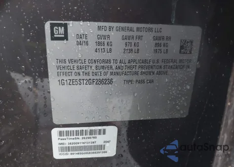 2016 Chevrolet Malibu Lt из США, поврежденный, VIN 1G1ZE5ST2GF286236